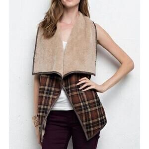 Jodifl Plaid Sherpa Vest Womens M Red Brown Open Front Cozy Boho Country Western